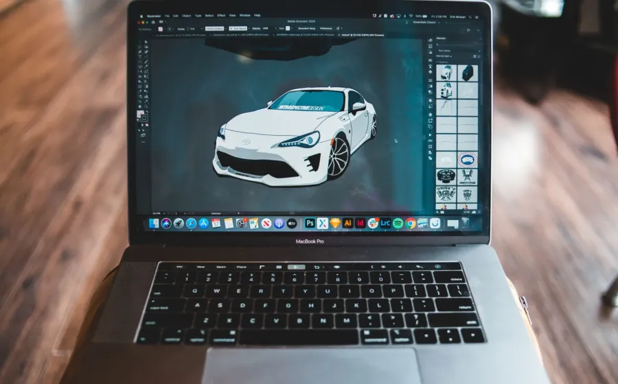 Ilustrasi laptop yang membuka software desain gratis untuk membuat grafis media sosial